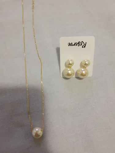 Conjunto pérola ouro 18 k