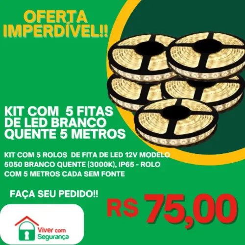 Kit com 5 Fitas de Led Branco Quente (3000K) Modelo 5050 IP65 12V