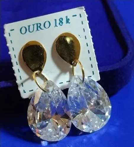 Brinco Ouro 18 Kilates Zircônia 20 x 12 mm Chapinha 30 mm Peso 9 Gramas