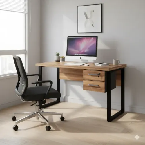 Mesa Escritório Pé Quadro 1,20×0,60m com Gavetas Nogal Sevilha/Preto Moderna 24471