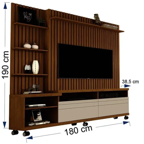 Estante e Home Theater Ripado para TV até 60 MDF 180cmx190cm Marrom Freijó