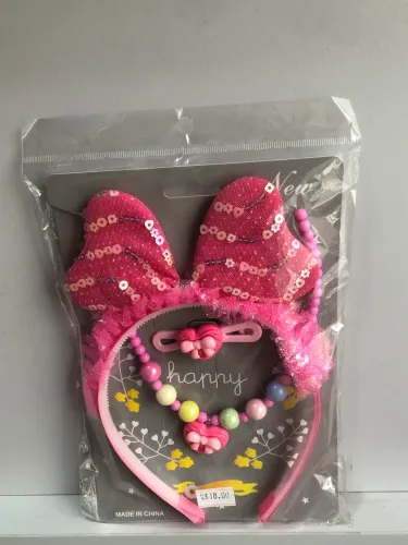 Kit Infantil Tiara Laço Paetê Com Colar E Anel Coração Rosa