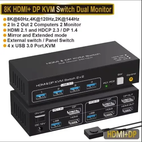 Duplo DP KVM Switch, 4K, 120Hz, 2x2, USB 3.0, HDMI