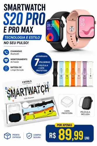 Smartwatch s20 pro e pro max 7 pulseiras, capa, pelicula
