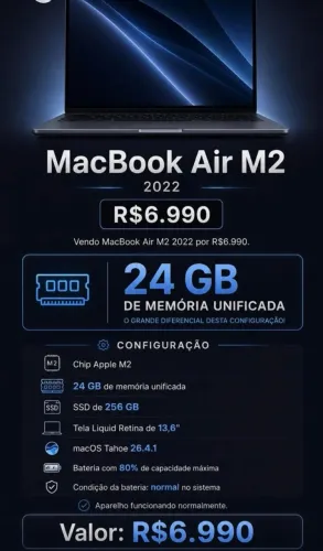 ? MacBook Air M2 2022, 24GB de memória unificada, configuração diferenciada!