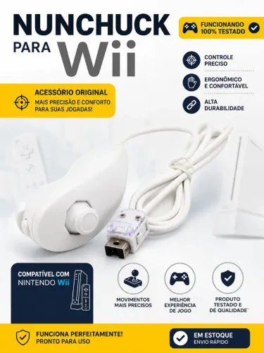 Nunchuck p/ Nintendo® Wii Remote branco (amarelado) funcionando plenamente (testado) aces.