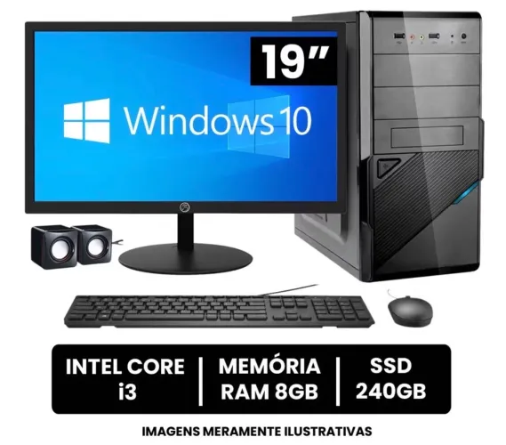 Computador Completo Intel Core I3 8gb de Ram Ssd 240gb Monitor Led 19" Hdmi + Windows 10