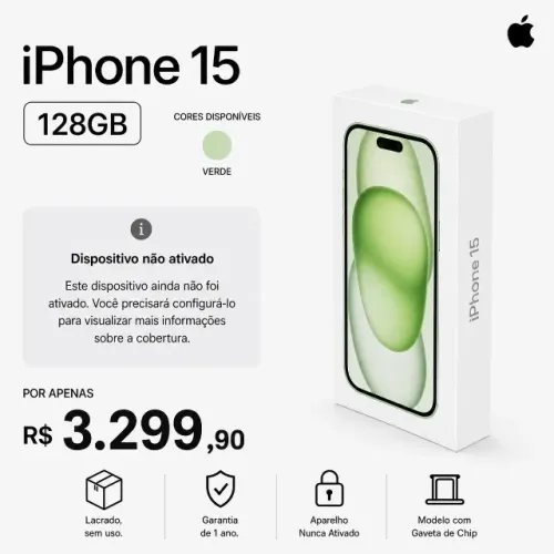 Apple iPhone 15 6.1" 5G 128GB Verde Novo Nunca Ativado Última Unidade Open Box