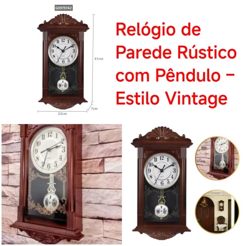 Relógio de Parede Rústico com Pêndulo - Estilo Vintage
