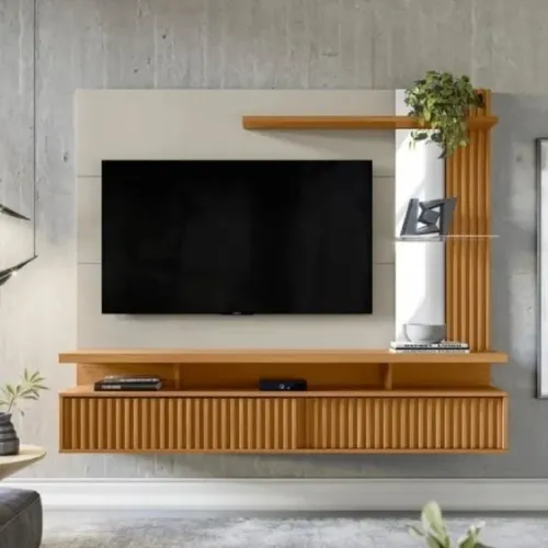 Painel de Sala Com Espelho e Detalhe Ripado Para Tv ate 60´´