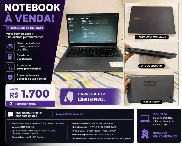 Notebook usado ? excelente estado + carregador original