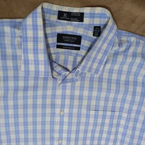 Camisa Social Nordstrom Masculina Xadrez Azul - Tam. 17½ (XL) - 100% Algodão