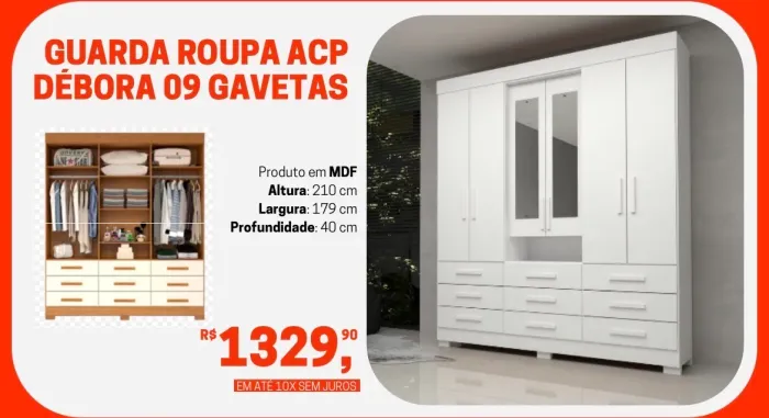 Guarda-Roupa ACP Débora - 09 Gavetas - MDF - Novo!