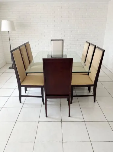 Mesa Jantar 8 Lugares Vidro Temperado Base U + 8 Cadeiras Estofadas - Impecável
