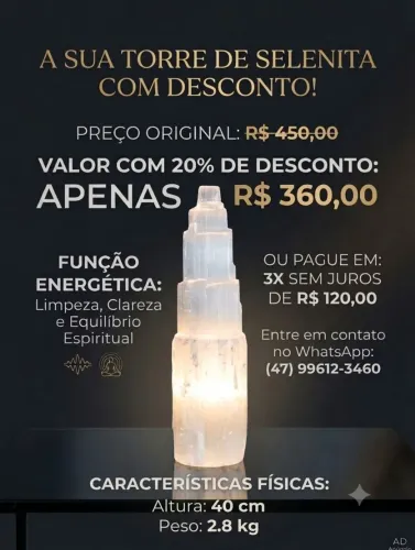 Torre de Selenita Branca Natural - Limpeza e Fluidez Energética