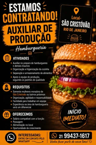 AUXILIAR DE PRODUÇÃO EM HAMBURGUERIA COM INÍCIO IMEDIATO