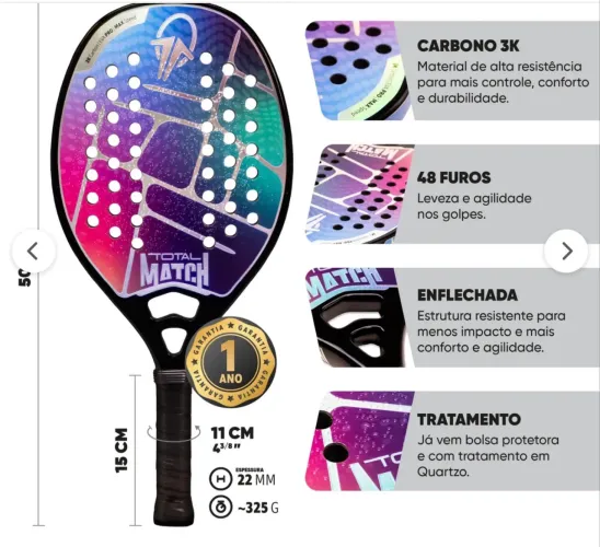 Raquete Beach Tennis Carbono 3k Total Match + Capa Usada (Usado)