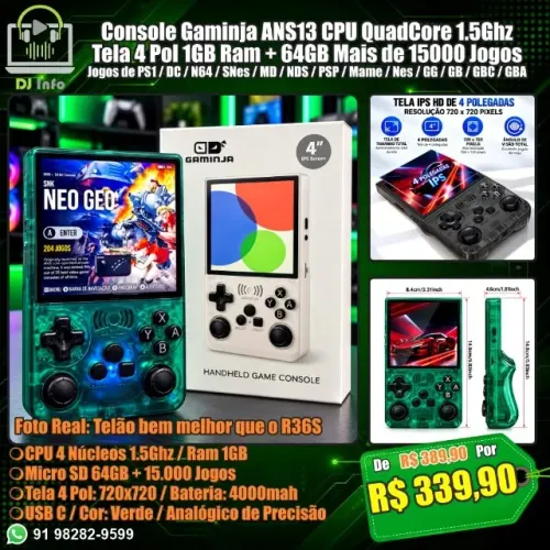 Console Gaminja ANS13 CPU QuadCore 1.5Ghz Tela 4 Pol 1GB Ram + 64GB Mais de 15000 Jogos