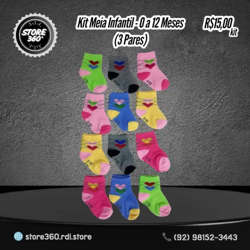 Kit Meia Infantil - 0 a 12 Meses (3 Pares)