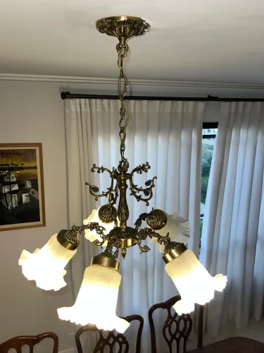 Lustre Pendente Rústico 5 Tulipas Dourado Colonial