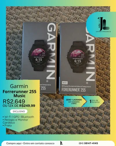 RELÓGIO GARMIN FORERUNNER 255 MUSIC, PRETO, LACRADO, EXCLUSIVO!