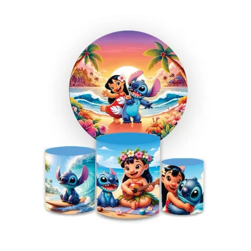 Kit Capa Painel + Trio Cilindro Tema Stitch Tropical Decoração Festa