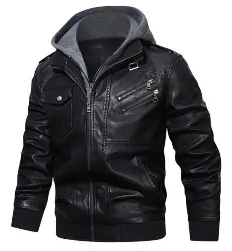 Jaqueta De Couro Sintético Com Capuz Removível Masculina Casual(Tamanho M)