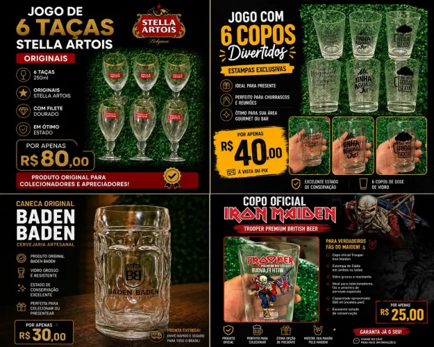 Kit Copos e Taças Colecionáveis - Stella Artois, Baden Baden e Iron Maiden