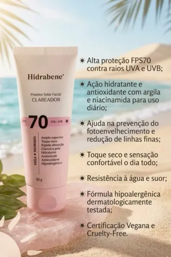 PROTETOR SOLAR FACIAL HIDRABENE FPS 70 - CLAREADOR | 50g