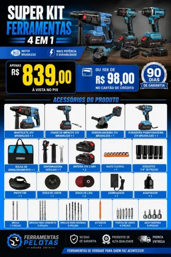 Kit 4 Ferramentas Sem Fio 21V Brushless + 2 Baterias + Bolsa