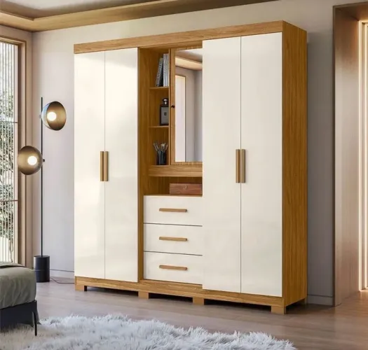 Guarda Roupa Solteiro Ambiente Eldorado 5 Portas Freijó Off White Com Espelho