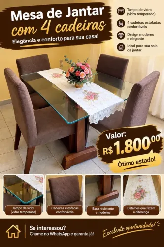 Mesa de jantar 4 cadeira de vidro
