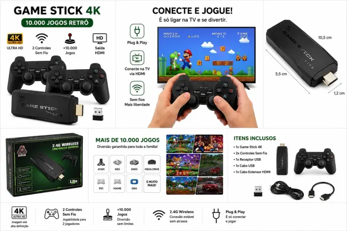 Game Stick 4K Retrô 10.000 Jogos + 2 Controles Sem Fio Novo
