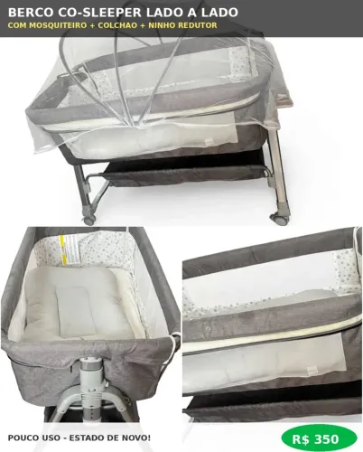 Berço Co-Sleeper Lado a Lado + Mosquiteiro +Colchão Ninho Redutor - Pouco Uso
