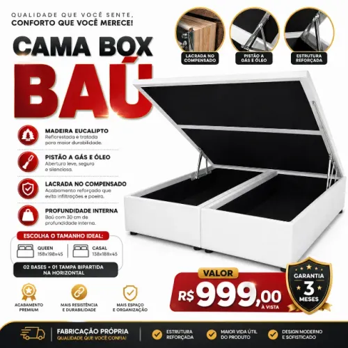 Cama Box Baú Reforçada - Mais Espaço, Conforto e Qualidade para o Seu Quarto!