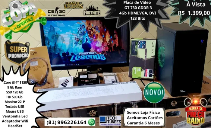 PC Gamer- Core i3, i5 (8 Gb Ram-SSD 120, HD 500 Gb - Placa de Vídeo - Monitor 22