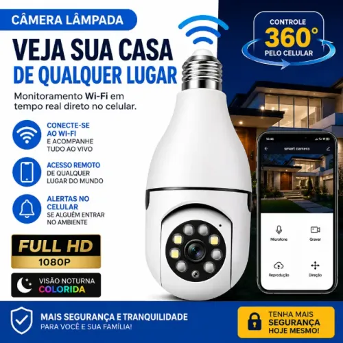 Câmera Lâmpada Wi-Fi 360° Full HD com Visão Noturna