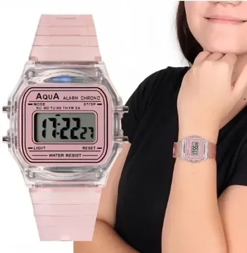 Relógio Feminino Aqua AQ-81 Rosa Transparente - A Prova Dagua