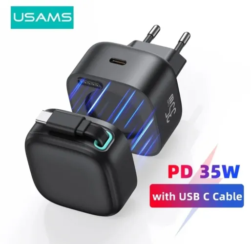 Carregador Rápido 35W USAMS com Cabo Retrátil USB-C - Novo
