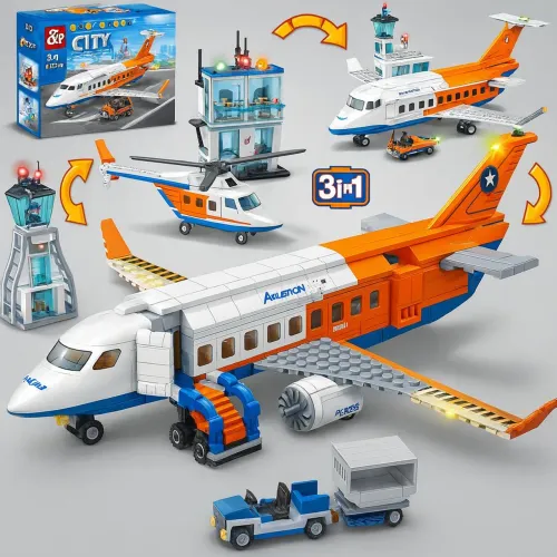 Brinquedo de montar avião laranja com 697 peças 3 opções de montagem /tipo Lego