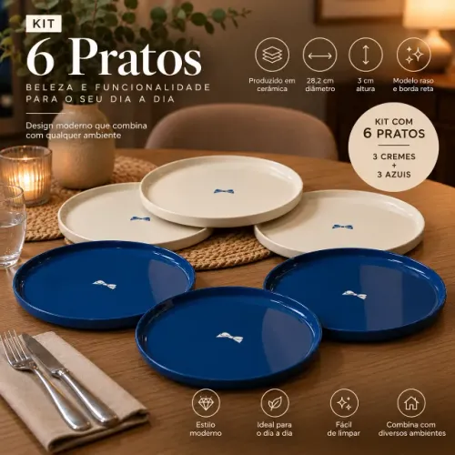 Kit 6 Pratos Rasos de Cerâmica 28,2 cm - 3 Creme + 3 Azul