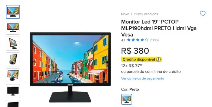 Monitor Led 19'' PCTOP MLP190hdmi PRETO Hdmi Vga Vesa