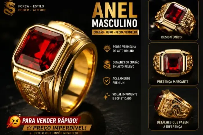 ? - ANEL MASCULINO DOURADO PEDRA VERMELHA LUXO - ÚLTIMAS UNIDADES!