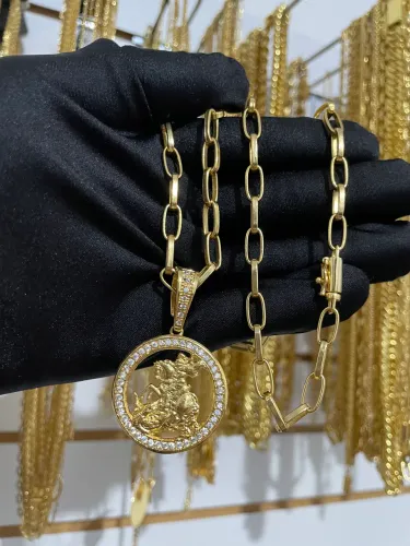 Corrente Masculina Grossa Moeda Antiga Banhada A Ouro