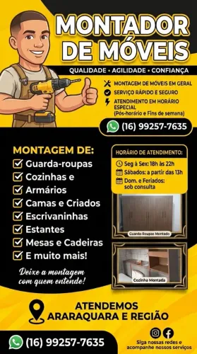?Montador de Móveis Profissional Araraquara - Atendimento à Noite e Sábados<br><br>