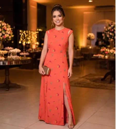 Vestido Longo Coral Floral Costas Abertas e Fenda - Tamanho M - Lindo e Bem Conservado!