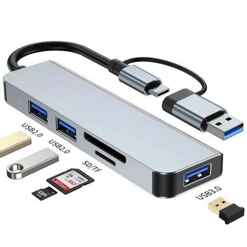 Hub OTG Tipo C e USB 5x2 com 1 Usb 3.0, 2 Usb 2.0 e 2 Leitor de Cartão SD/Micro SD