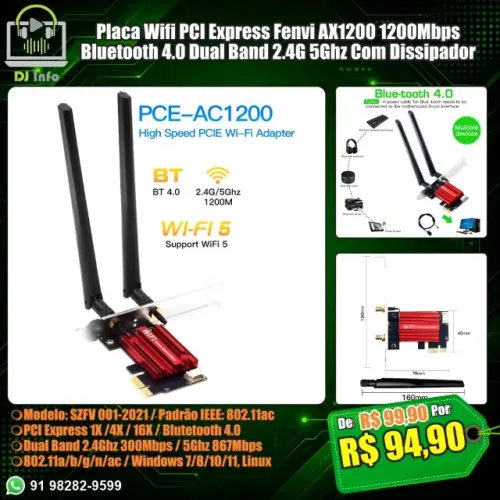 Placa Wifi PCI Express Fenvi AX1200 1200Mbps Bluetooth 4.0 DualBand 2.4G 5Ghz