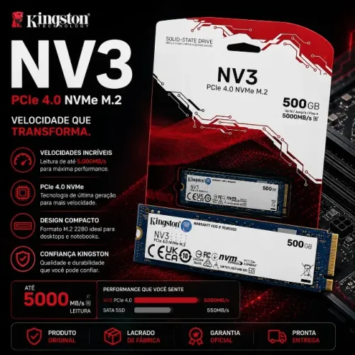 Kingston NV3 500GB NVMe M.2 Upgrade Rápido Para PC e Notebook