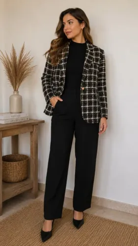 blazer tweed feminino preto e branco